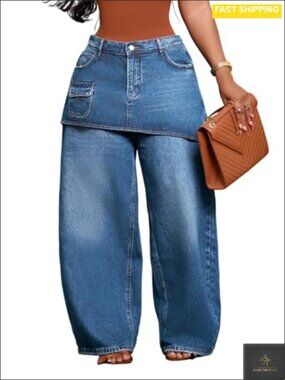 Women's Baggy Wide Leg Cargo Jeans High Waisted Skirt Overlay Denim Pants